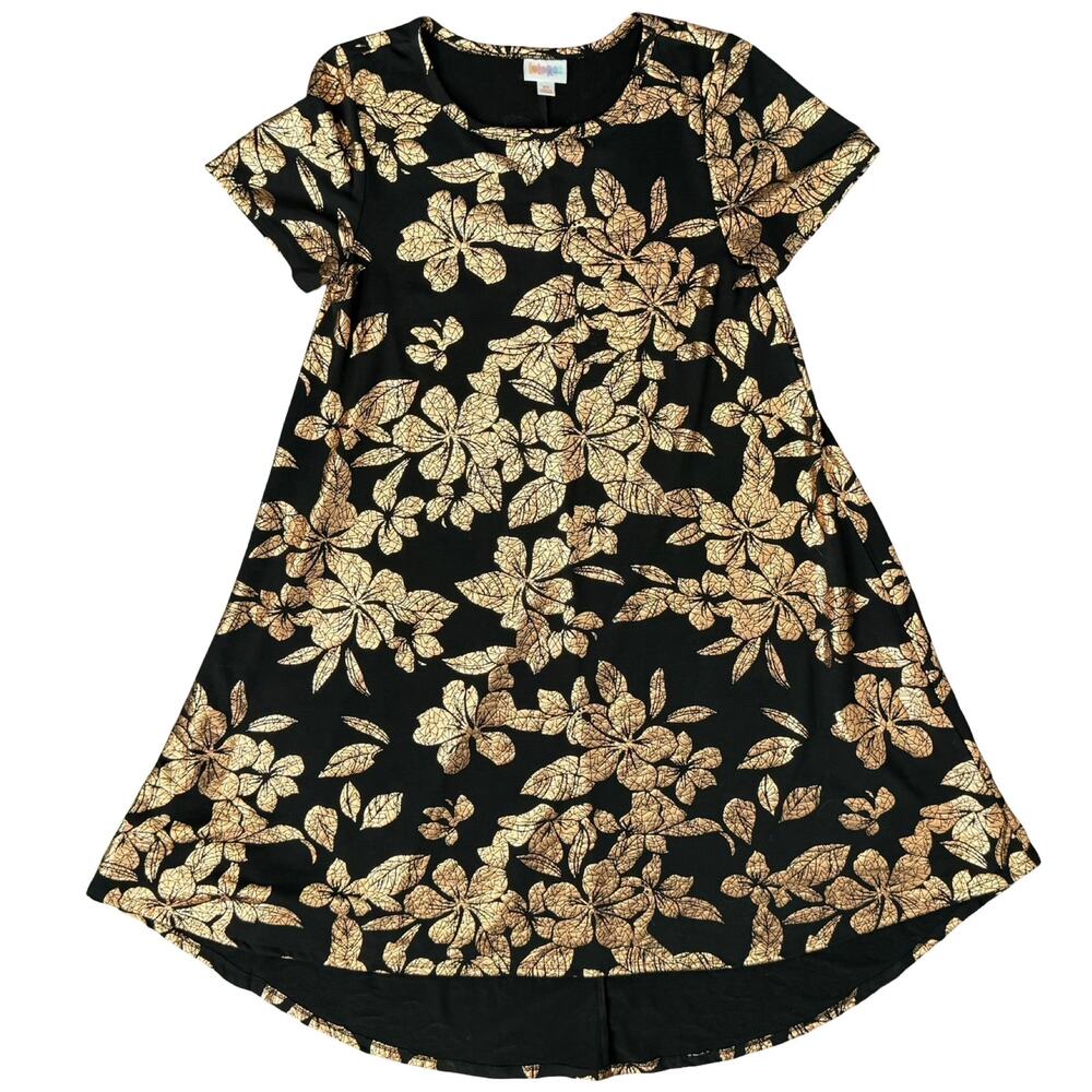 Lularoe Carly Metallic Gold Foil Floral Black Shirt Short Sleeve Dress size XS
